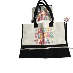 Colorful 'In My Fifties Era' Tote Bag. Small pocket purse & pocket mirror. New.